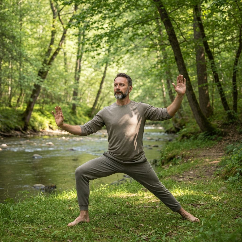 Person practicing gentle yoga outdoors in nature